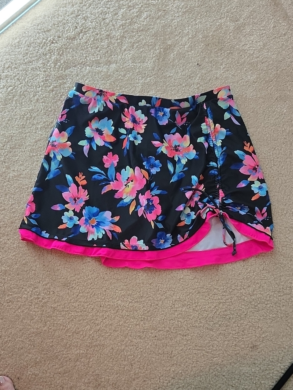Floral Drawstring Swim Skirt with Pink Ruffle Edge